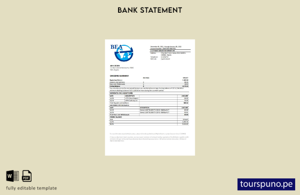 listo para imprimir Plantilla de extracto bancario de Argelia Banque extérieure 